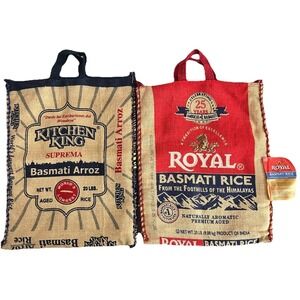 Set of 2 Royal Kitchen King Basmati Rice Burlap Jute Tote Bags Zippered Handles